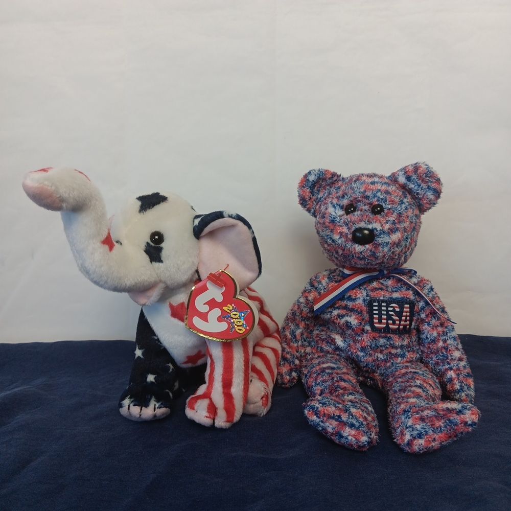 Ty Beanie Babies 2000 USA Bear And Righty Elephant Plush Fourth of July